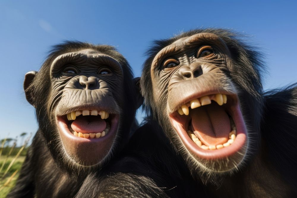 Happy smiling chimpanzees wildlife mammal animal. AI generated Image by rawpixel.