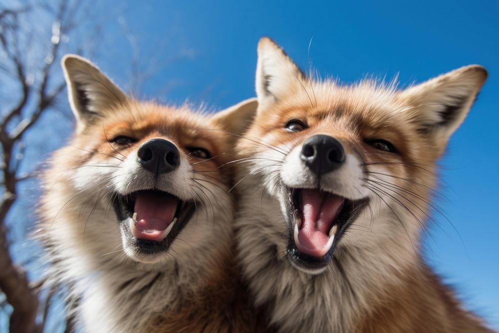 Happy smiling foxes mammal animal blue. AI generated Image by rawpixel.