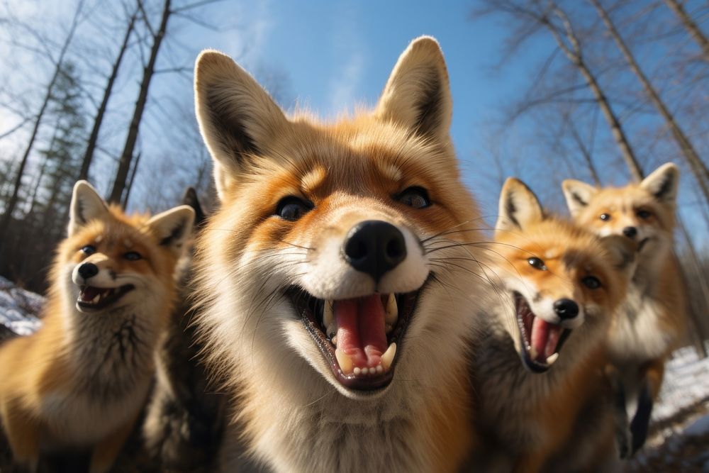 Happy smiling foxes wildlife mammal animal. AI generated Image by rawpixel.