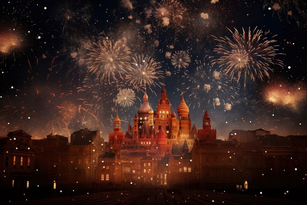 Fireworks architecture cityscape building. AI generated Image by rawpixel.