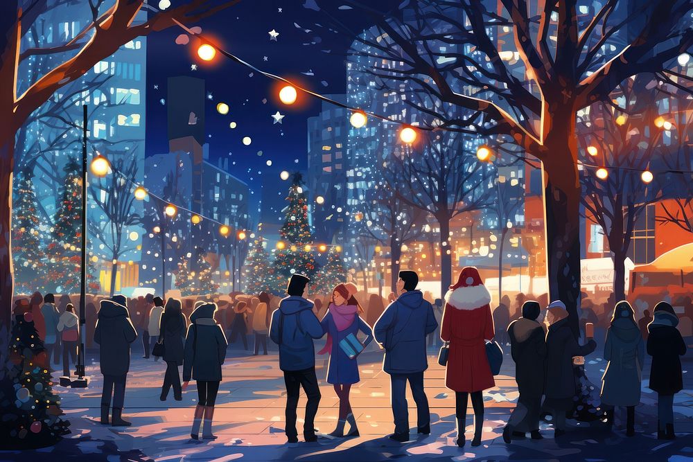 Christmas tree lights outdoors downtown people. AI generated Image by rawpixel.