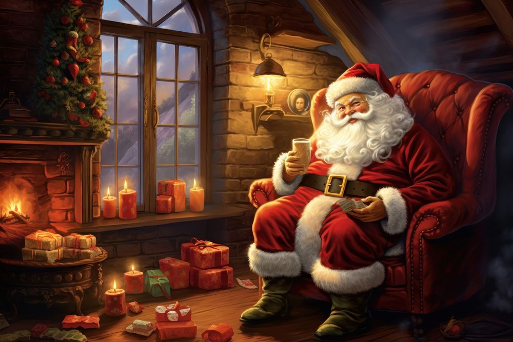 Santa eating christmas cookies fireplace architecture illuminated. AI generated Image by rawpixel.