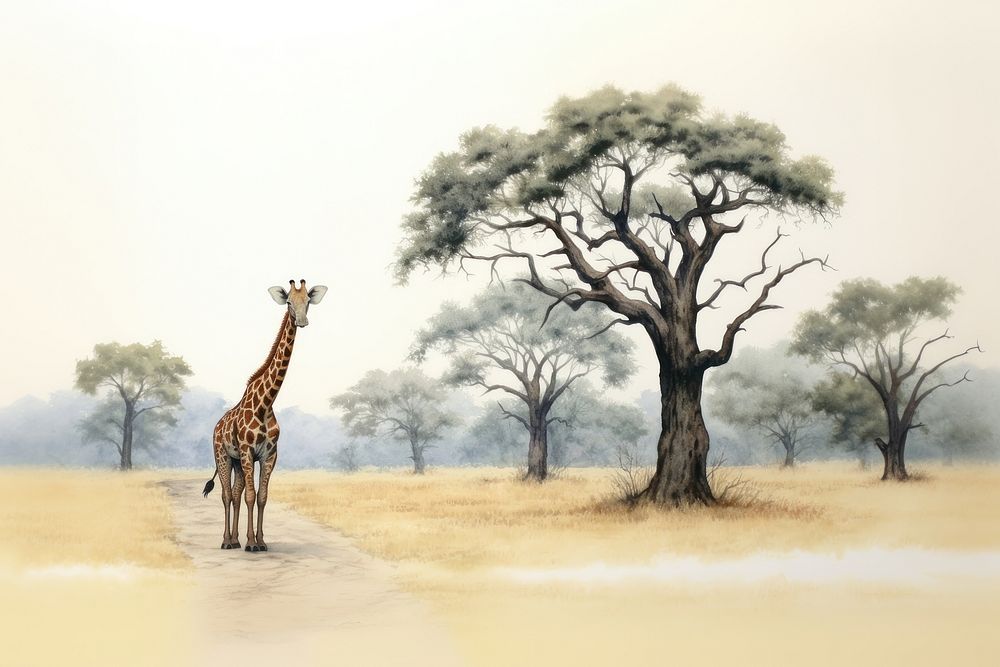 Safari watercolor wildlife outdoors giraffe. AI generated Image by rawpixel.