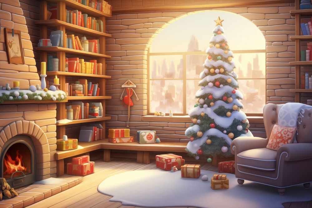 Christmas wallpaper architecture fireplace furniture. AI generated Image by rawpixel.