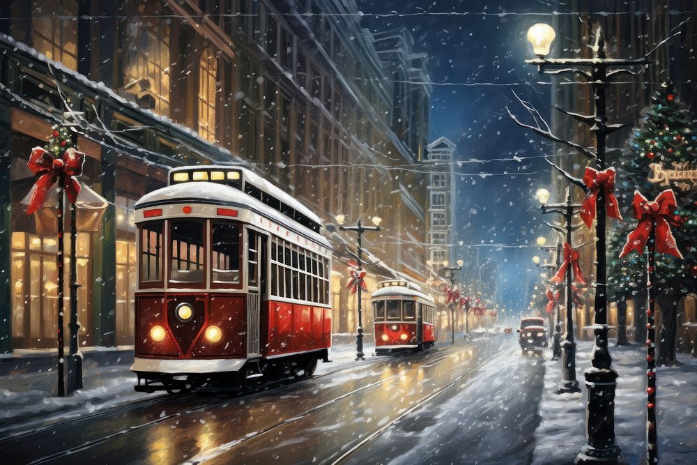 Christmas city outdoors vehicle snowing. AI generated Image by rawpixel.