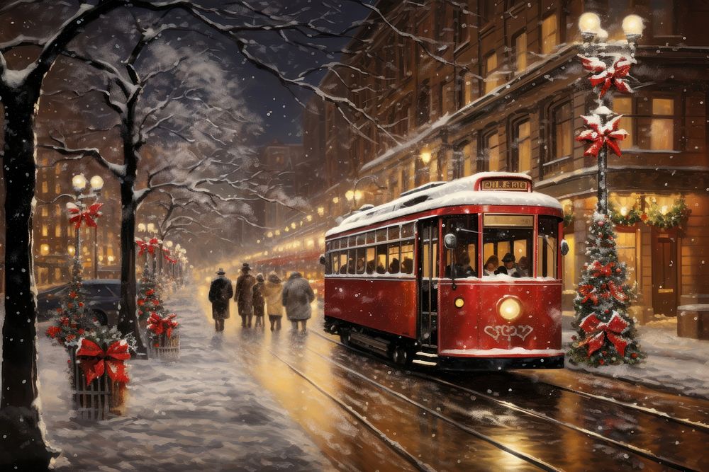 Christmas city vehicle snowing street. AI generated Image by rawpixel.