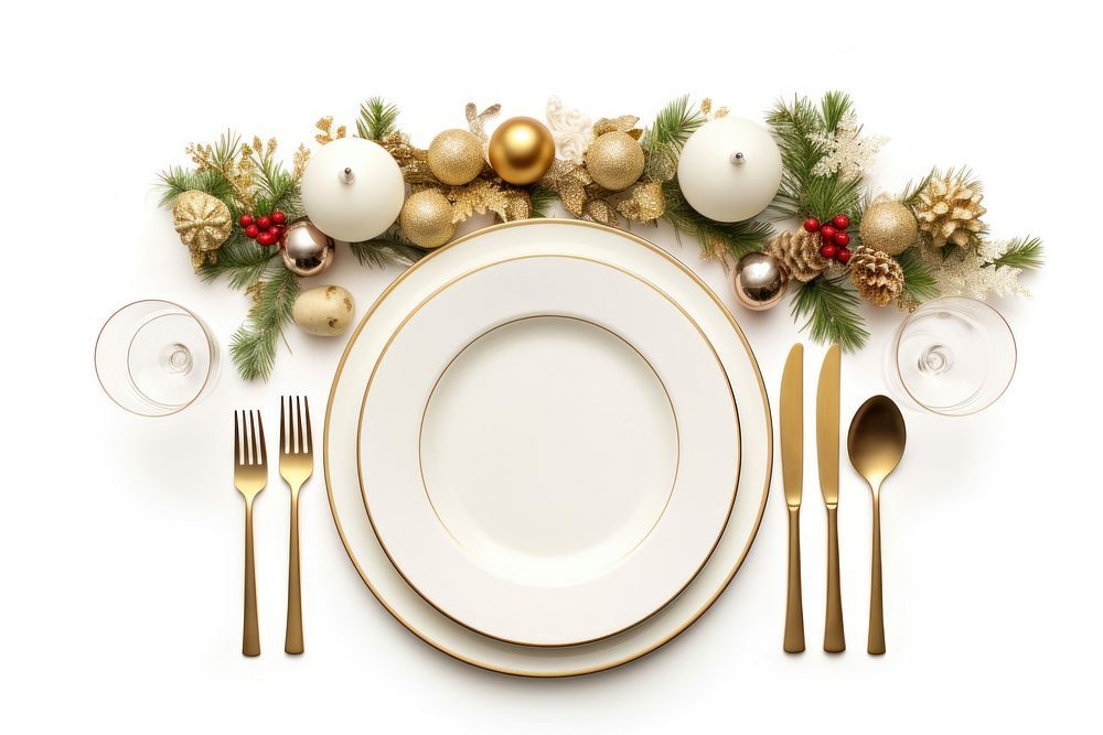 Christmas dinner flat lay plate spoon fork. AI generated Image by rawpixel.