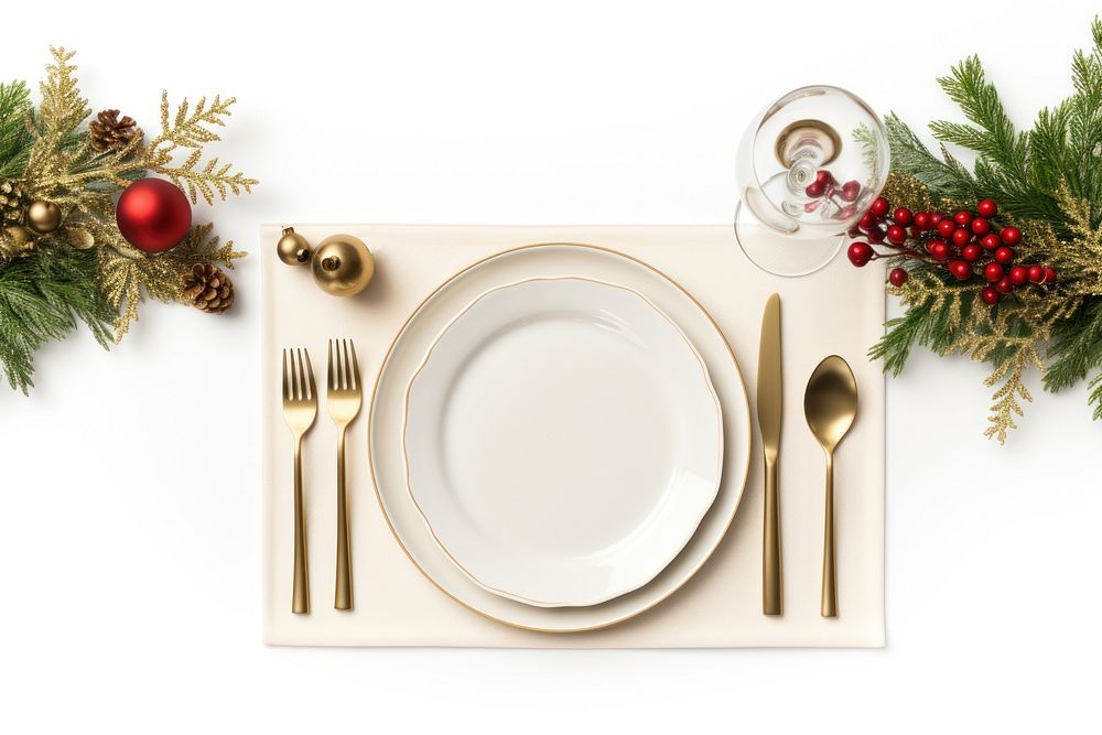 PNG Christmas dinner flat lay plate spoon fork. AI generated Image by rawpixel.
