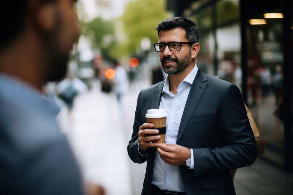 Glasses talking blazer coffee. AI generated Image by rawpixel.