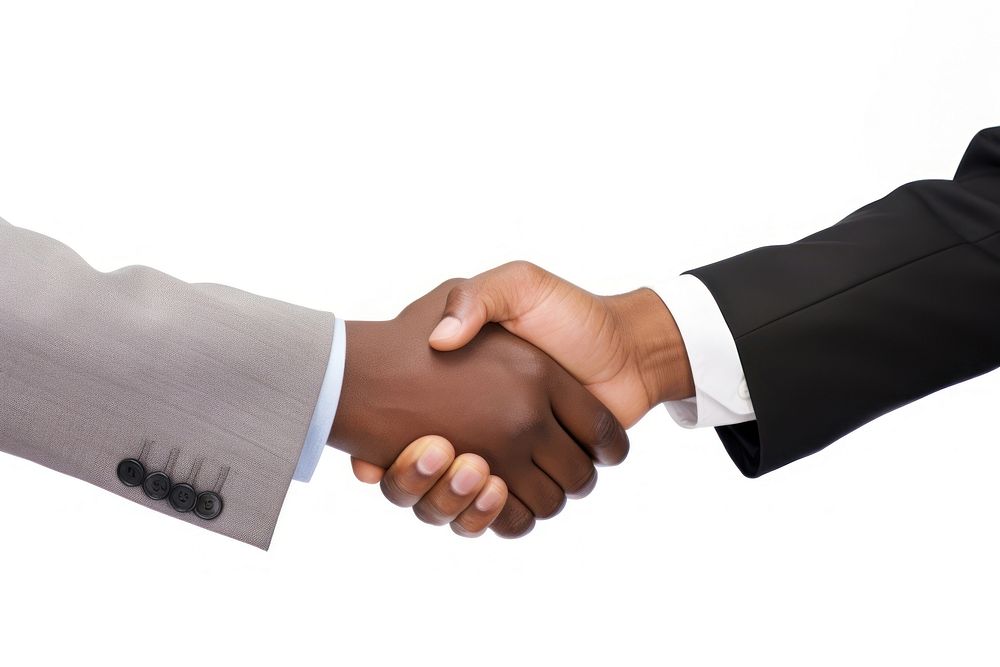 2 businessmen wearing suit shaking hand handshake white background agreement. AI generated Image by rawpixel.