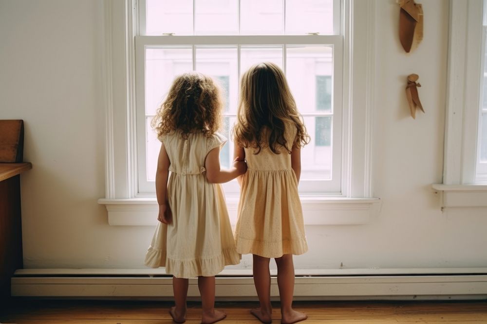 Shy kids wearing a dress window child togetherness. AI generated Image by rawpixel.