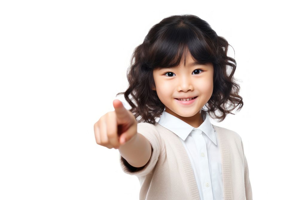 Girl smiling finger pointing portrait. AI generated Image by rawpixel.