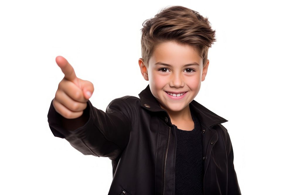 Boy smiling finger pointing portrait. AI generated Image by rawpixel.