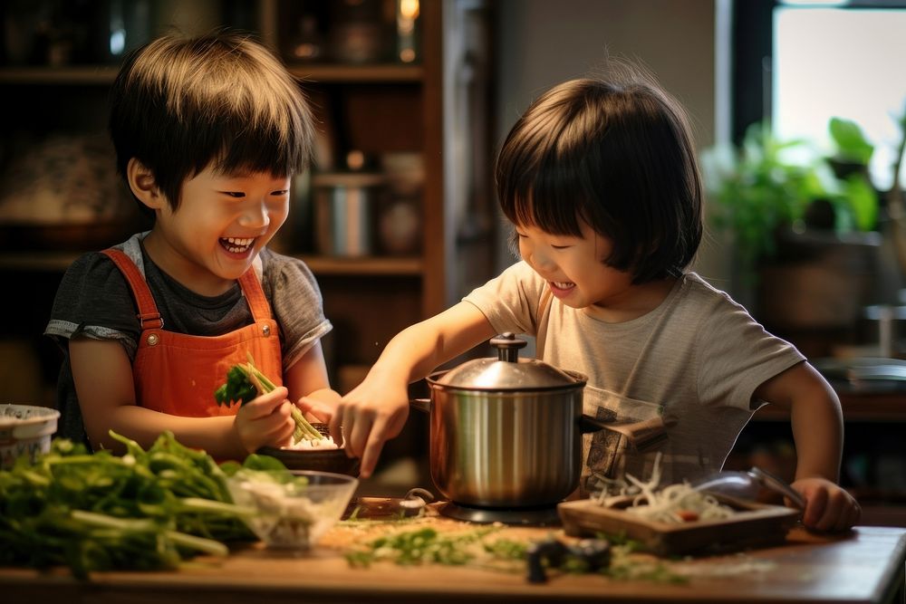 Asian kids cooking child home food. AI generated Image by rawpixel.