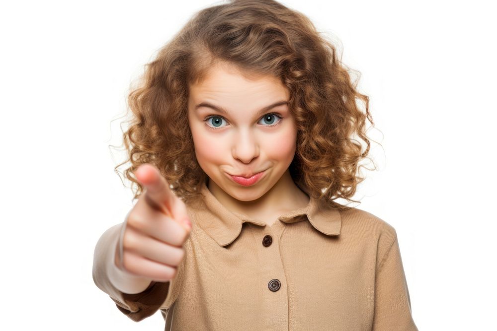 Girl smiling finger pointing portrait. AI generated Image by rawpixel.