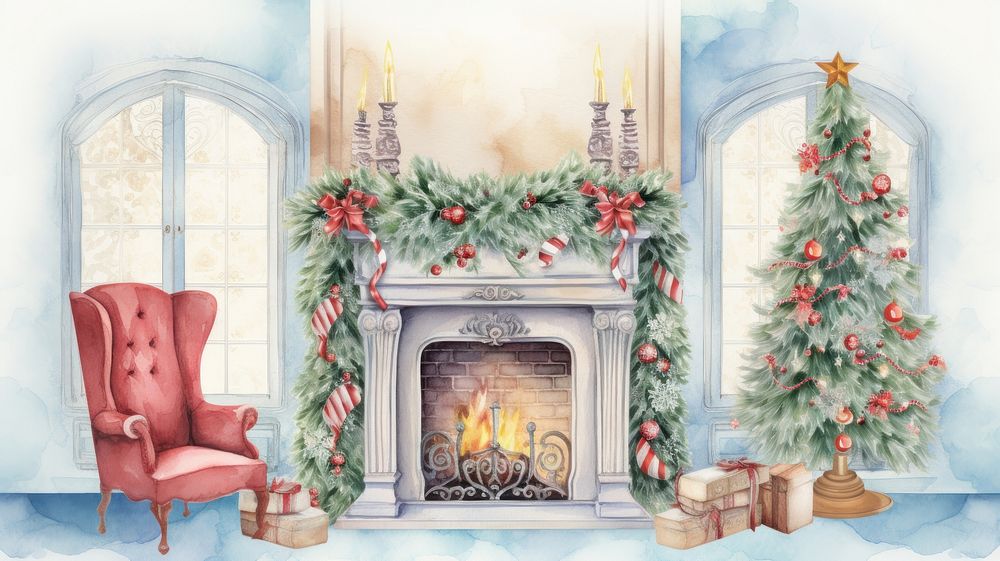 Christmas chimney living room wallpaper fireplace hearth architecture. AI generated Image by rawpixel.