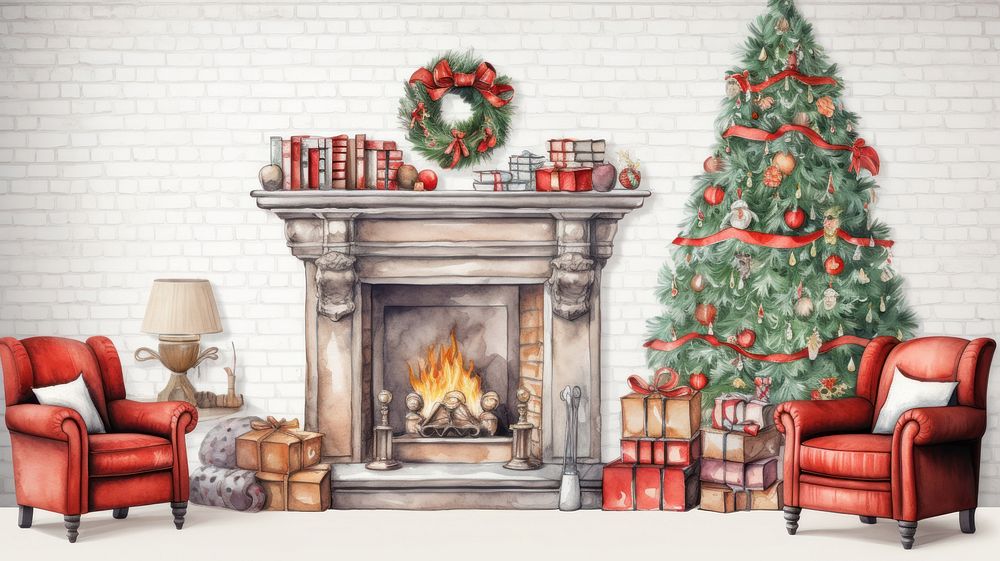 Christmas chimney living room wallpaper fireplace furniture hearth. AI generated Image by rawpixel.
