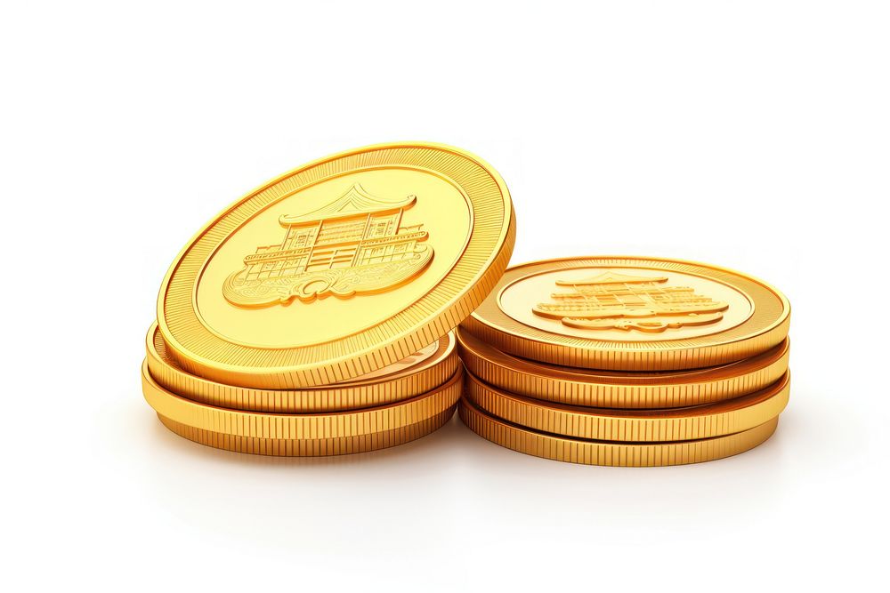 3D cartoon style Chinese golden coins money white background accessories. AI generated Image by rawpixel.