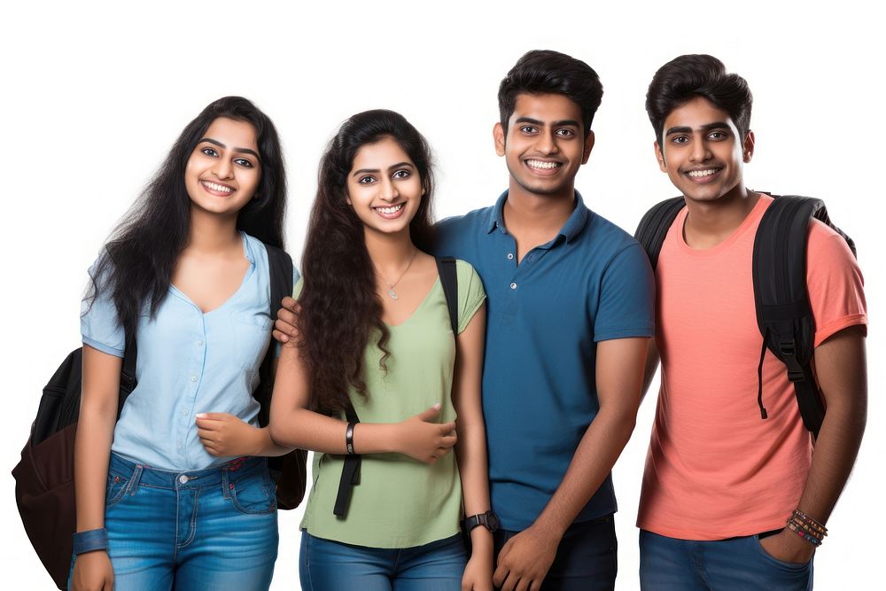 Indian college student cheerful adult white background. 