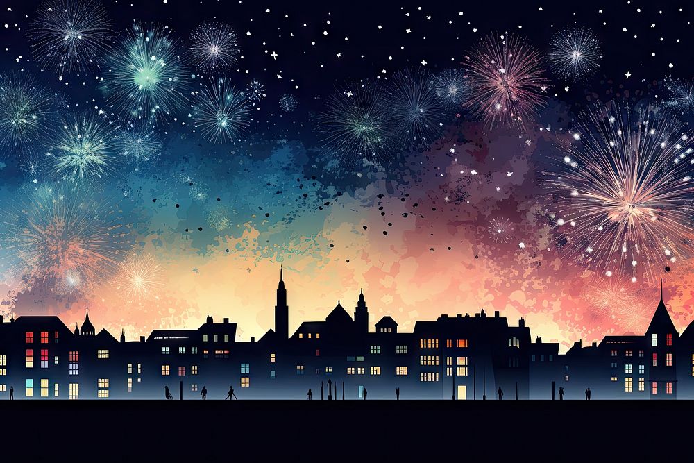 Buildings silouhettes fireworks outdoors night. AI generated Image by rawpixel.
