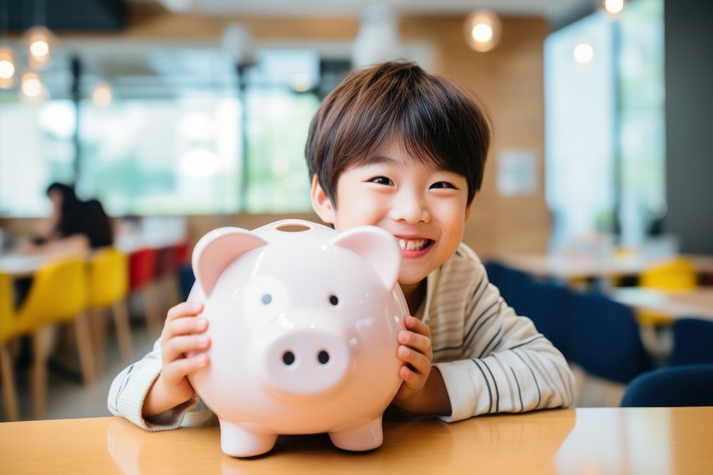 Piggy bank smiling child boy. AI generated Image by rawpixel.