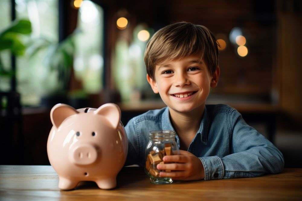 Piggy bank smiling child boy. AI generated Image by rawpixel.