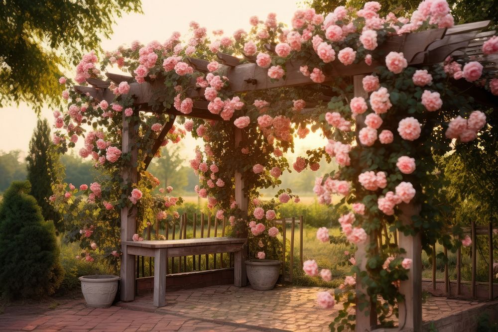 Rose garden architecture outdoors blossom. AI generated Image by rawpixel.