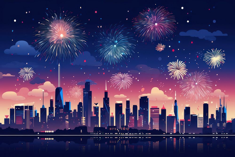 Fireworks city architecture celebration. AI generated Image by rawpixel.