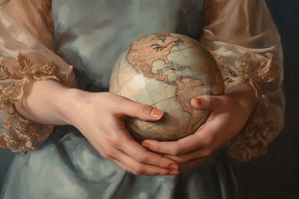 Hand holding a globe painting planet space. AI generated Image by rawpixel.