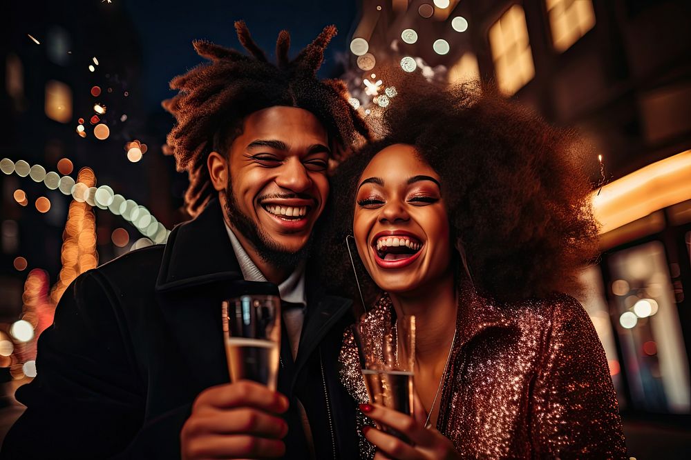 Black people champagne laughing smiling. AI generated Image by rawpixel.