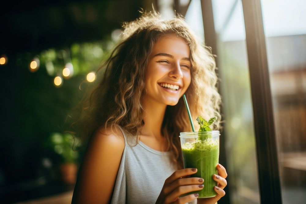 Vegetable smoothie drink drinking smiling. AI generated Image by rawpixel.
