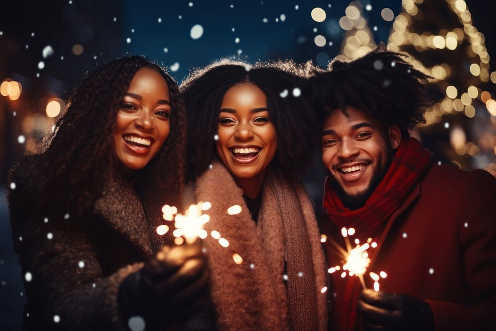 Black people celebrating christmas laughing holding adult. AI generated Image by rawpixel.