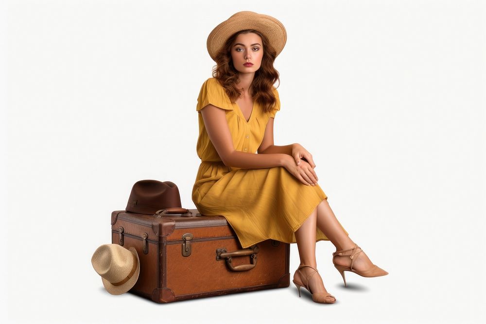 Woman sitting suitcase footwear luggage. AI generated Image by rawpixel.