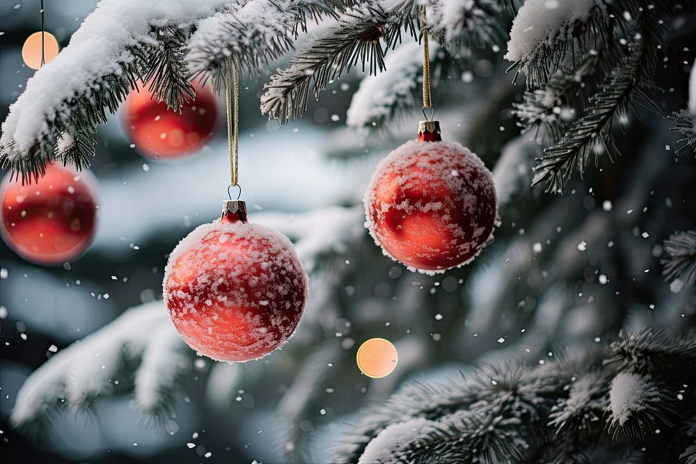 Christmas tree snow red illuminated. Free Photo rawpixel