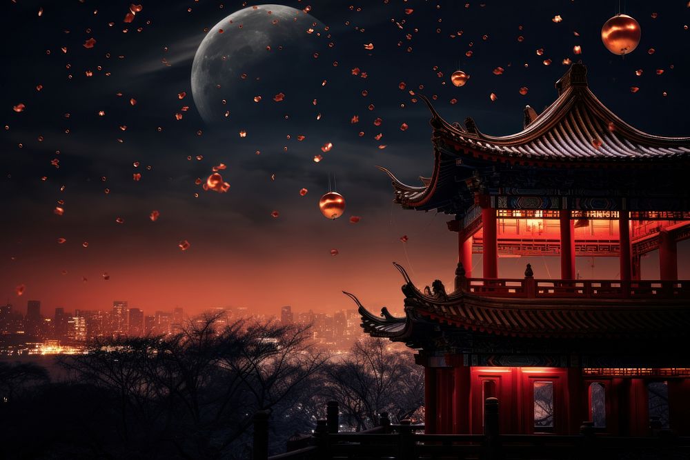 Chinese temple night astronomy outdoors. AI generated Image by rawpixel.