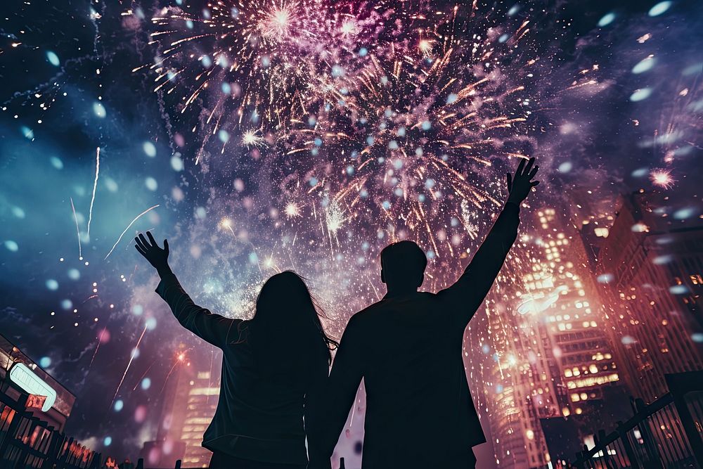 People celebrate new year architecture fireworks outdoors. AI generated Image by rawpixel.