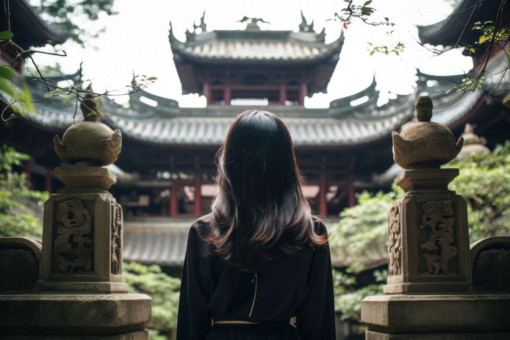 Asian woman temple architecture building. 