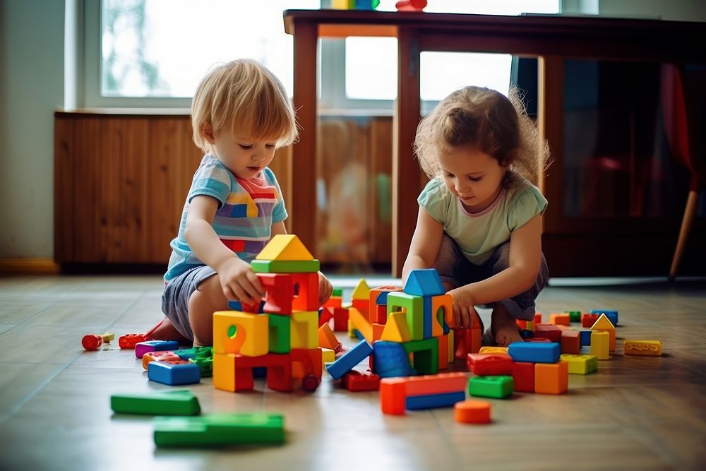 Children Playing With colorful Toy Blocks child toy play. AI generated Image by rawpixel.