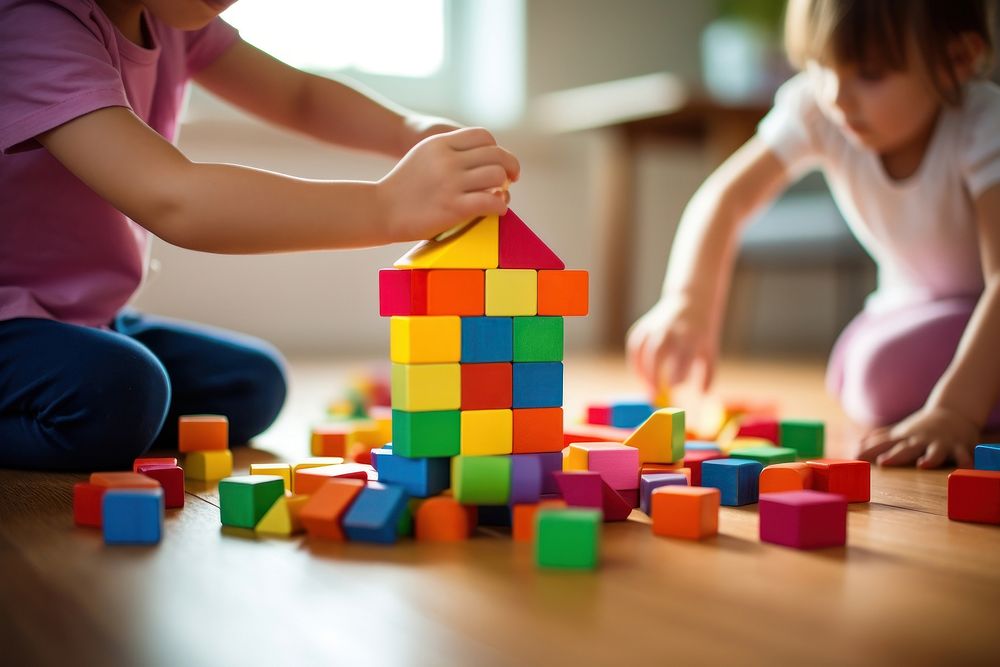 Children Playing With colorful Toy Blocks child toy block. 