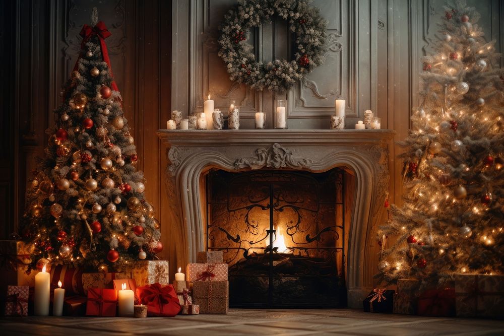 Chirstmas christmas decoration fireplace. AI generated Image by rawpixel.