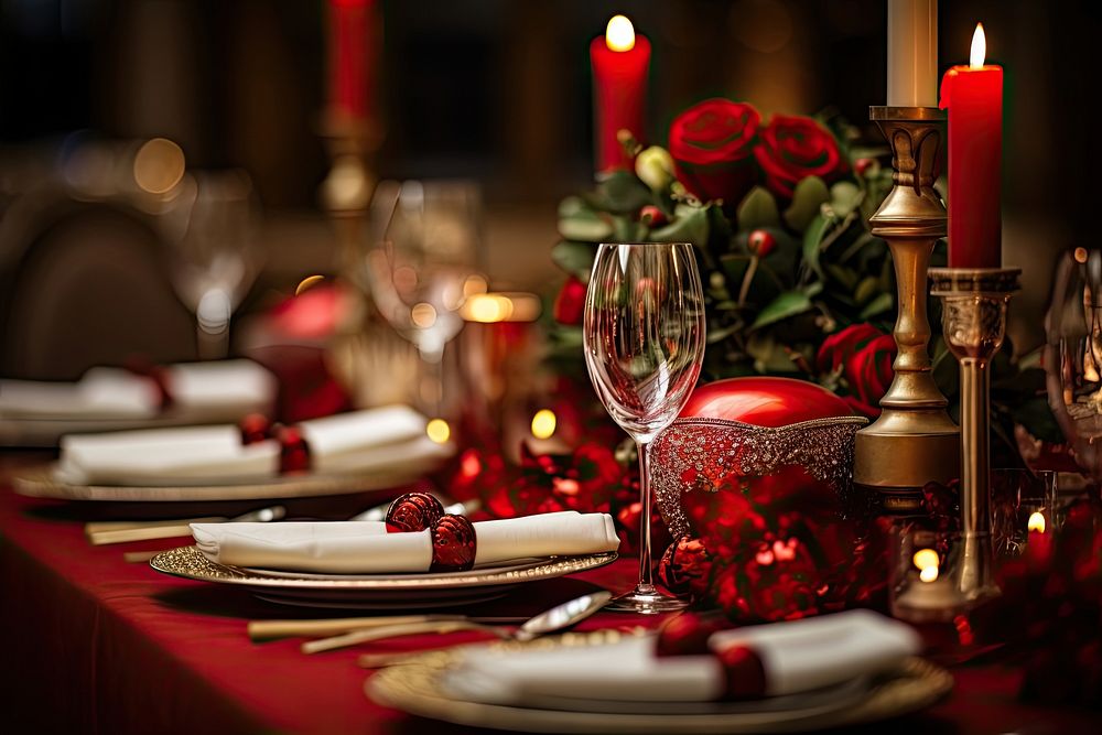 Christmas dining table decoration candle flower. AI generated Image by rawpixel.