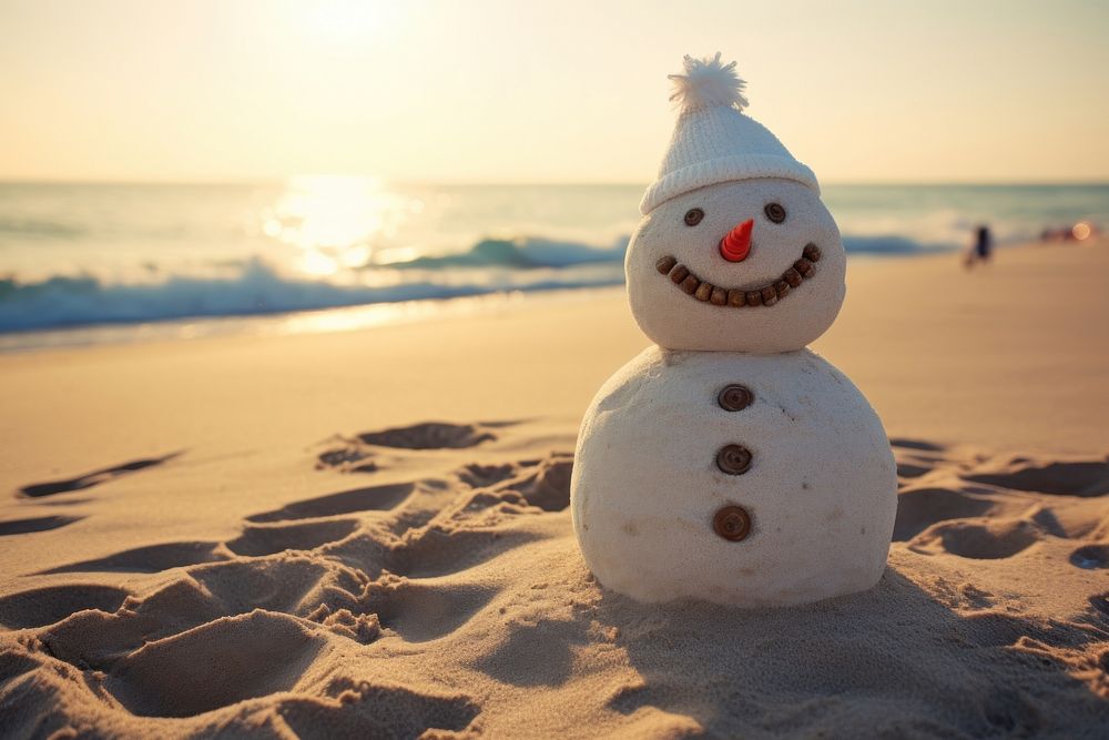 Christmas tree snowman beach outdoors. AI generated Image by rawpixel.