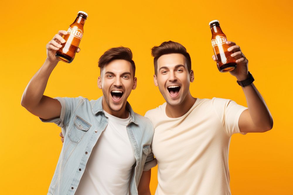 Excited 2 young men in white trendy t-shirts beer drinking bottle. AI generated Image by rawpixel.