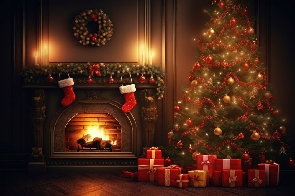 Interior christmas fireplace night tree. AI generated Image by rawpixel.