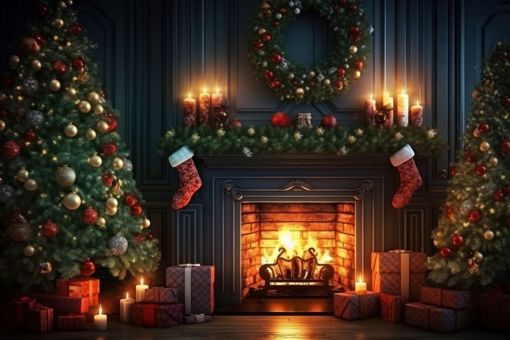 Interior christmas fireplace candle night. AI generated Image by rawpixel.