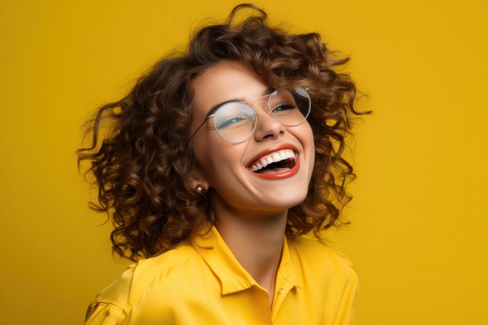 Joyful woman glasses laughing yellow. AI generated Image by rawpixel.