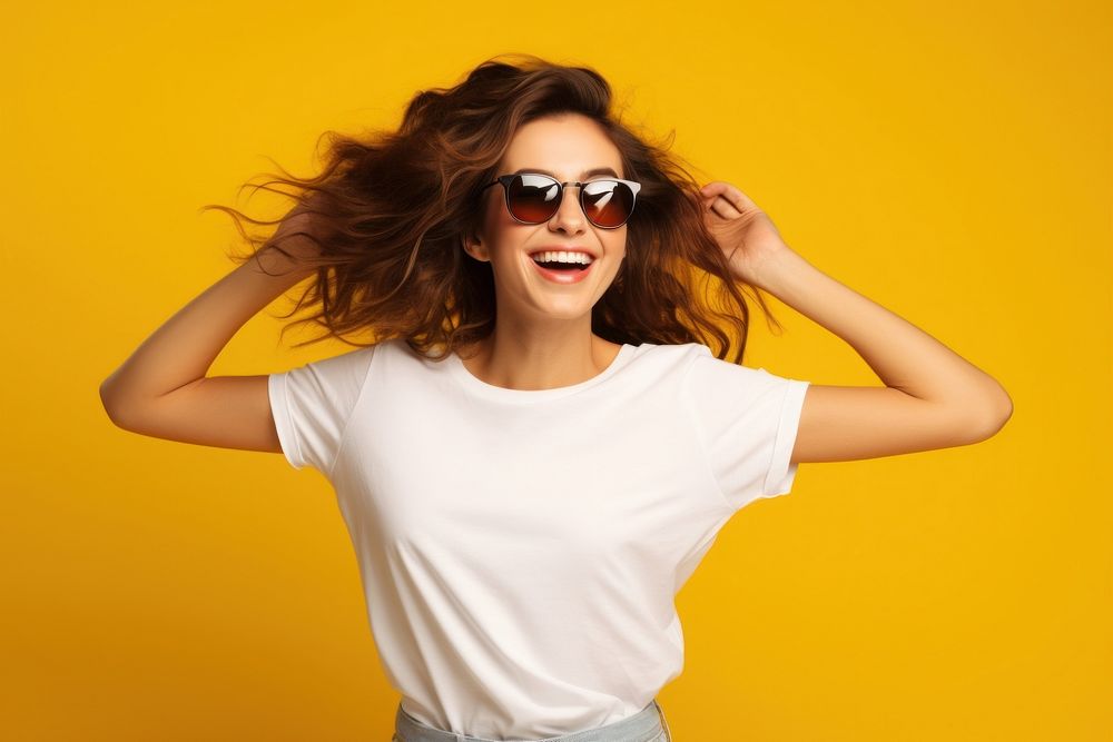 Joyful woman glasses t-shirt yellow. AI generated Image by rawpixel.