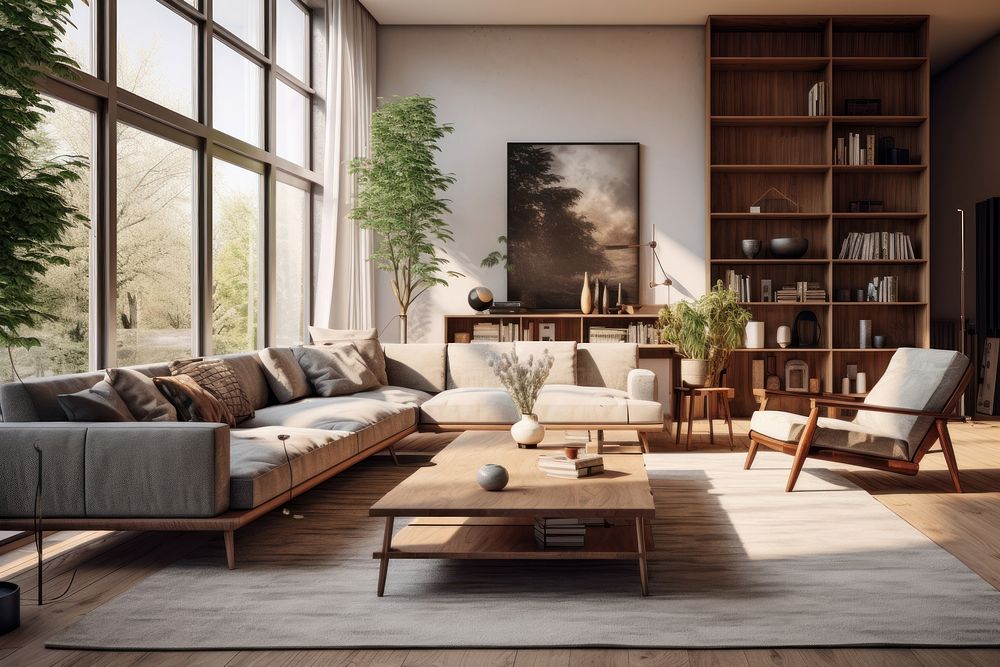 Modern midcentury apartment living room architecture furniture building. 