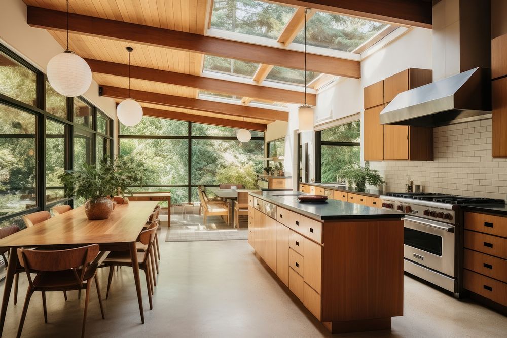 Modern midcentury kitchen architecture furniture hardwood. 