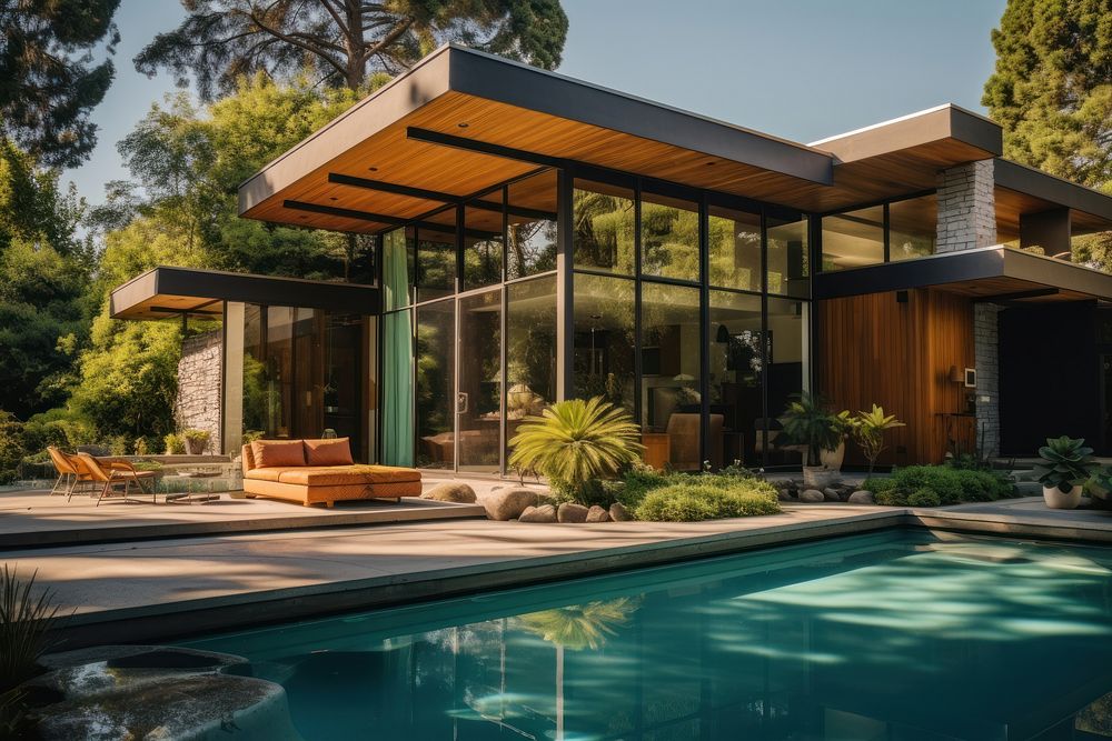 Modern midcentury house architecture building outdoors. AI generated Image by rawpixel.